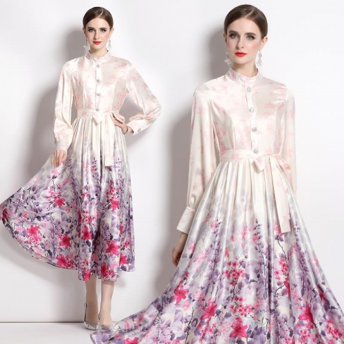Elegant Floral Print Maxi Dress Satin Stand Collar Lantern Sleeve Button Front A-Line Party Dress For Women Vintage Style With Waist Belt