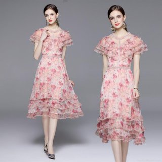 Women Vintage Pink Floral Print Silk Chiffon Maxi Dress Ruffle Short Sleeve High Waist Lace Trim Elegant Summer Party Dress For Women