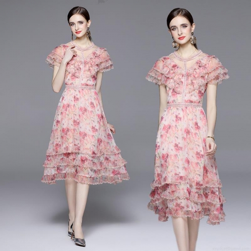 Women Vintage Pink Floral Print Silk Chiffon Maxi Dress Ruffle Short Sleeve High Waist Lace Trim Elegant Summer Party Dress For Women