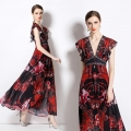 Women's V-Neck Chiffon Maxi Dress Elegant Red Black Floral Print Ruffle Sleeve Vacation Long Dress Bohemian High Waist A-Line Beach Dress