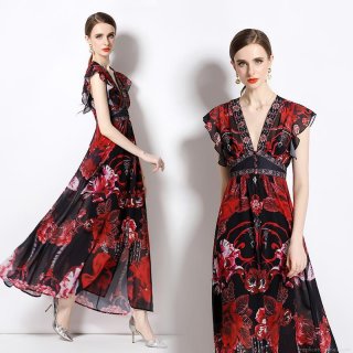 Women's V-Neck Chiffon Maxi Dress Elegant Red Black Floral Print Ruffle Sleeve Vacation Long Dress Bohemian High Waist A-Line Beach Dress
