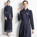 Women's Elegant Long Sleeve Maxi Dress Polyester Printed Shirt Collar A-Line Dress With Belt Vintage Geometric Floral Pattern Slim Fit Long Dress For Women Party Office Daily Wear