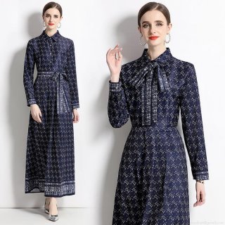 Women's Elegant Long Sleeve Maxi Dress Polyester Printed Shirt Collar A-Line Dress With Belt Vintage Geometric Floral Pattern Slim Fit Long Dress For Women Party Office Daily Wear