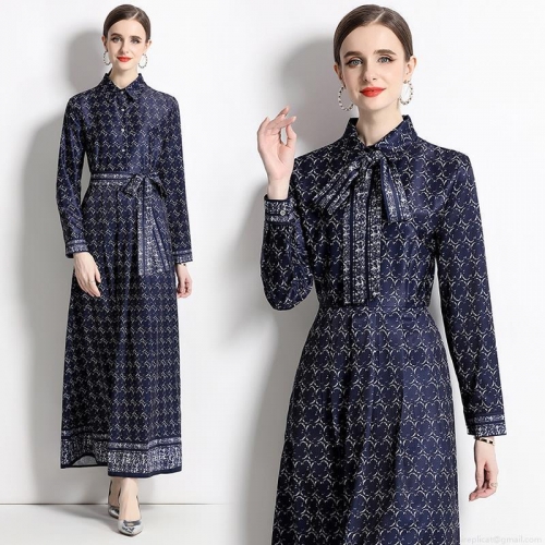 Women's Elegant Long Sleeve Maxi Dress Polyester Printed Shirt Collar A-Line Dress With Belt Vintage Geometric Floral Pattern Slim Fit Long Dress For Women Party Office Daily Wear