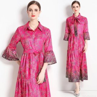 Women's Elegant Rose Red Letter Print Shirt Maxi Dress Belted Trumpet Sleeve Tiered Skirt Polyester Satin Textured Evening Party Commuter Dress