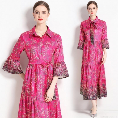 Women's Elegant Rose Red Letter Print Shirt Maxi Dress Belted Trumpet Sleeve Tiered Skirt Polyester Satin Textured Evening Party Commuter Dress