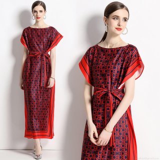 Women Elegant Satin Maxi Dress With Belt Vintage Monogram Letter Print One Neck Batwing Short Sleeve Long Dress For Party Club Wedding Guest Lady