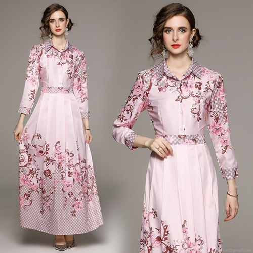 Women's Elegant Pink Floral Print Maxi Dress Satin Finish Long Sleeve Lapel Button Down High Waist A-Line Shirt Dress For Party Banquet Commute