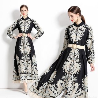 Vintage Bohemian Paisley Print Maxi Dress Elegant Long Sleeve Chiffon Tassel Hem A-Line Dress With Woven Belt For Women Party Vacation