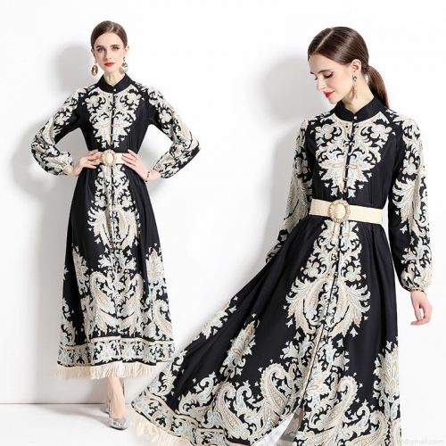 Vintage Bohemian Paisley Print Maxi Dress Elegant Long Sleeve Chiffon Tassel Hem A-Line Dress With Woven Belt For Women Party Vacation