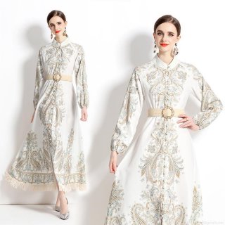 Women Elegant Paisley Print Maxi Dress Long Sleeve Vintage Bohemian Court Style A-Line Dress With Woven Belt And Tassel Hem Details