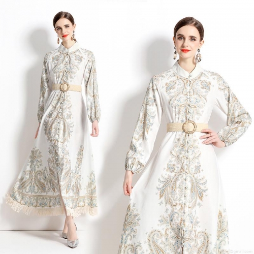 Women Elegant Paisley Print Maxi Dress Long Sleeve Vintage Bohemian Court Style A-Line Dress With Woven Belt And Tassel Hem Details