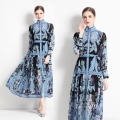 Women's Vintage Paisley Print Chiffon Maxi Dress Long Sleeve Stand Collar Single Breasted Long Shirt Dress With Belt Bohemian Flowy Elegant Party Vacation Dress