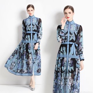 Women's Vintage Paisley Print Chiffon Maxi Dress Long Sleeve Stand Collar Single Breasted Long Shirt Dress With Belt Bohemian Flowy Elegant Party Vacation Dress