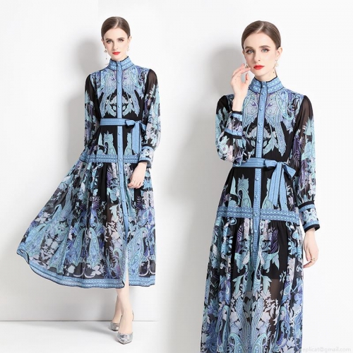 Women's Vintage Paisley Print Chiffon Maxi Dress Long Sleeve Stand Collar Single Breasted Long Shirt Dress With Belt Bohemian Flowy Elegant Party Vacation Dress