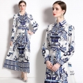 Women Elegant Blue And White Porcelain Printed Maxi Dress Vintage Long Sleeve Shirt Collar A-Line Dress With Belt Slim Fit Satin Finish Luxury Party Vacation Long Dress