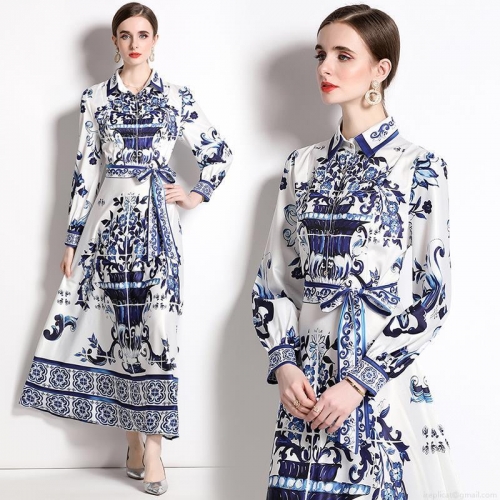 Women Elegant Blue And White Porcelain Printed Maxi Dress Vintage Long Sleeve Shirt Collar A-Line Dress With Belt Slim Fit Satin Finish Luxury Party Vacation Long Dress
