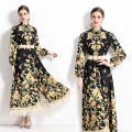 Women's Elegant Floral Print Maxi Dress Long Lantern Sleeve Stand Collar Retro Bohemian Vacation Long Dress With Woven Belt And Fringe Hem For Women