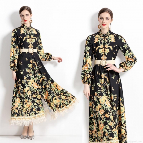 Women's Elegant Floral Print Maxi Dress Long Lantern Sleeve Stand Collar Retro Bohemian Vacation Long Dress With Woven Belt And Fringe Hem For Women