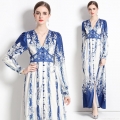 Vintage Blue and White Floral Print Maxi Dress Elegant V-Neck Long Sleeve Satin Finish A-Line Long Dress for Women Party Vacation Bohemian Style Polyester Gown