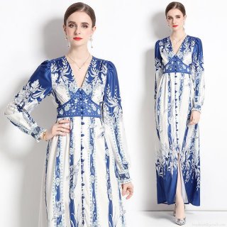 Vintage Blue and White Floral Print Maxi Dress Elegant V-Neck Long Sleeve Satin Finish A-Line Long Dress for Women Party Vacation Bohemian Style Polyester Gown