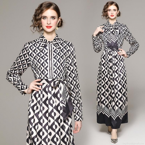 Elegant Women's Black and White Geometric Print Maxi Dress Retro Long Sleeve Bow Tie Neck A-Line Shirt Dress for Office Party Daily Wear