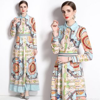 Women's Long Sleeve Printed Maxi Dress Retro Carousel Horse Print Elegant A-Line Shirt Dress Single Breasted Waist Slimming Commute Fashion Long Dress