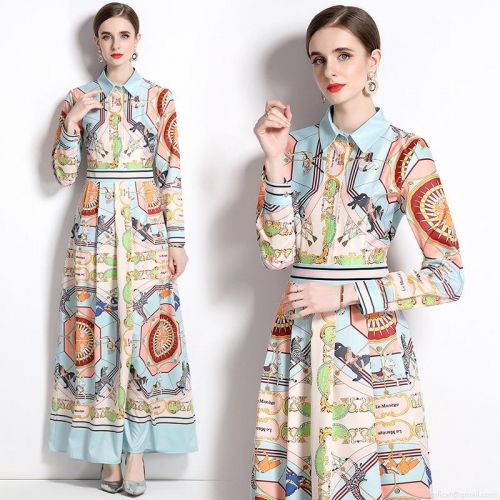 Women's Long Sleeve Printed Maxi Dress Retro Carousel Horse Print Elegant A-Line Shirt Dress Single Breasted Waist Slimming Commute Fashion Long Dress