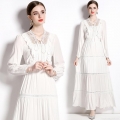 Women Elegant White Lace Hollow Out Maxi Dress Long Sleeve V Neck High Waist Tiered Ruffle A-Line Long Dress For Party Vacation