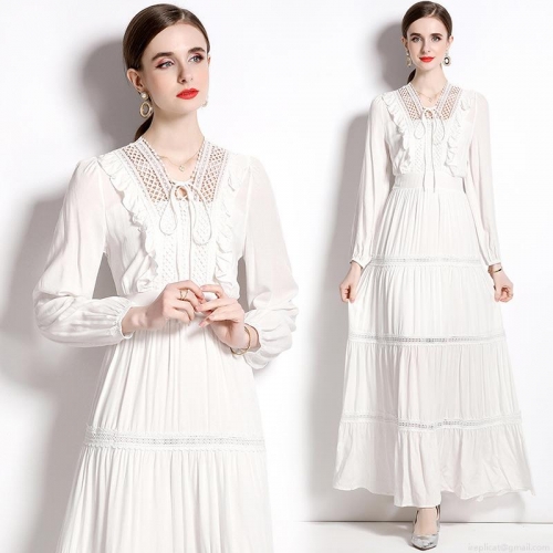 Women Elegant White Lace Hollow Out Maxi Dress Long Sleeve V Neck High Waist Tiered Ruffle A-Line Long Dress For Party Vacation