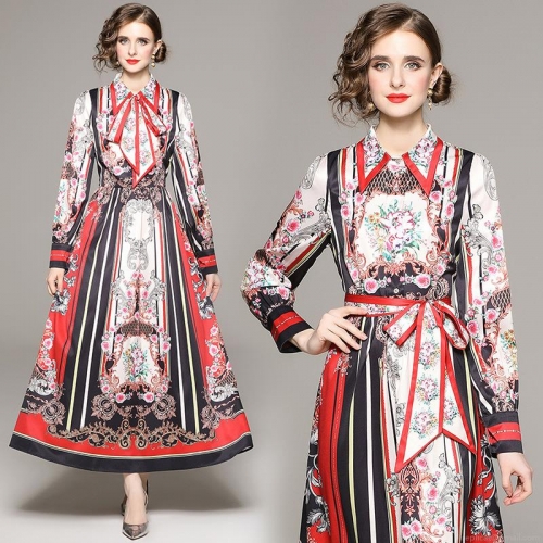 Women's Retro Baroque Print Maxi Dress Long Sleeve Bow Tie Neck A-Line Elegant Party Dress Silk Like Polyester Long Gown For Wedding Dinner Elegant Ladies Streetwear