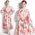 Women Elegant Floral Print Maxi Dress Polyester Fabric Single Breasted Round Neck Long Sleeve With Belt For Vacation Holiday Office Daily Wear Flowy Swing Hem