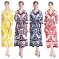 Women's Elegant Baroque Floral Print Maxi Dress Vintage V Neck Shirt Dress With Belt And Pockets Summer Autumn Long Sleeve Porcelain Print A-Line Dress