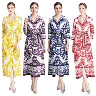 Women's Elegant Baroque Floral Print Maxi Dress Vintage V Neck Shirt Dress With Belt And Pockets Summer Autumn Long Sleeve Porcelain Print A-Line Dress