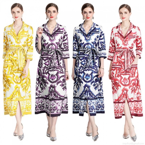 Women's Elegant Baroque Floral Print Maxi Dress Vintage V Neck Shirt Dress With Belt And Pockets Summer Autumn Long Sleeve Porcelain Print A-Line Dress