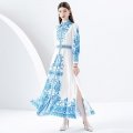 Elegant Blue And White Floral Print Maxi Dress For Women Vintage Court Style Lantern Sleeve Turn-down Collar Long Dress With Belt For Party Vacation
