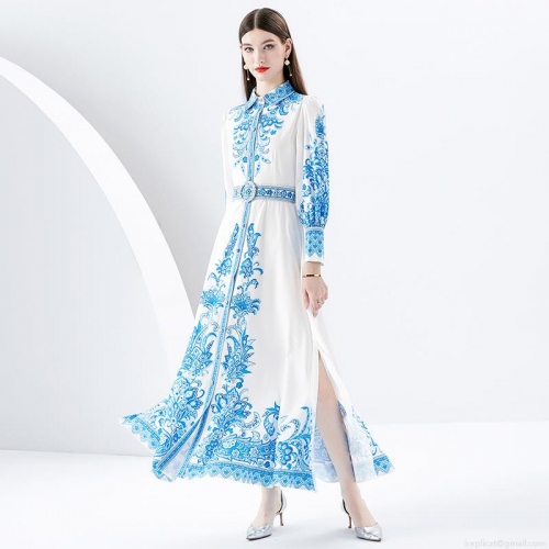 Elegant Blue And White Floral Print Maxi Dress For Women Vintage Court Style Lantern Sleeve Turn-down Collar Long Dress With Belt For Party Vacation