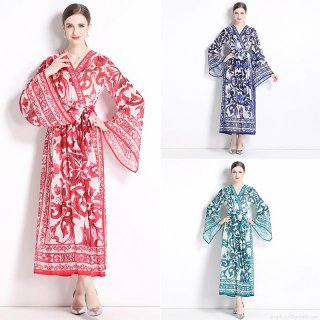 Women's V-Neck Long Sleeve Maxi Dress Chiffon Floral Print Flare Sleeve Bohemian A-Line Elegant Tie Waist Party Beach Swing Dress