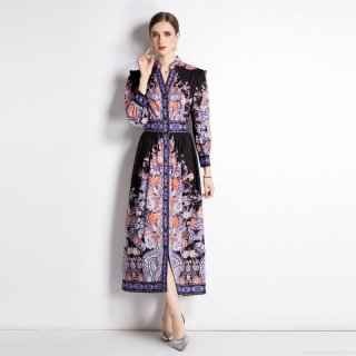 Vintage Paisley Print Long Sleeve Maxi Dress Stand Collar V Neck Button Down Slim Fit Bohemian Elegant Woven Long Dress for Women