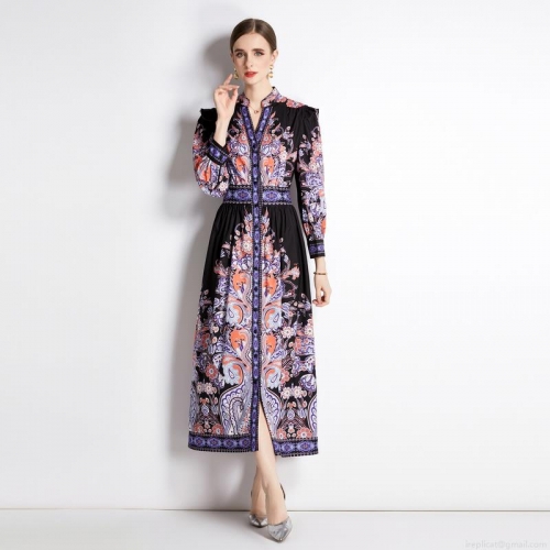 Vintage Paisley Print Long Sleeve Maxi Dress Stand Collar V Neck Button Down Slim Fit Bohemian Elegant Woven Long Dress for Women