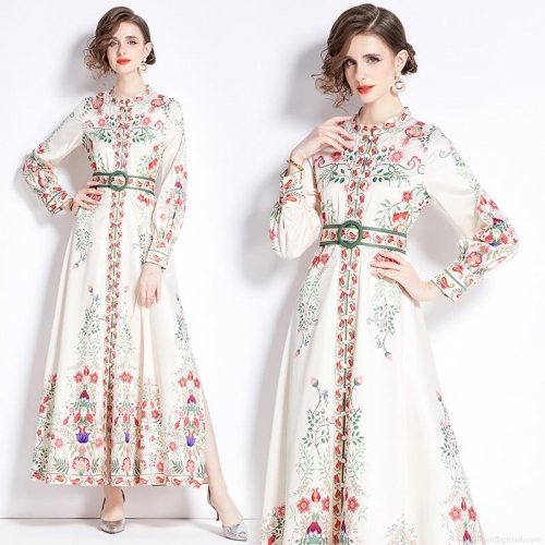 Palace Style Stand Collar Long Sleeve Floral Print Maxi Dress For Women Elegant Single Breasted A-Line Dress With Belt Vintage High Slit Chiffon Texture Evening Party Gown
