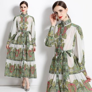 Vintage Paisley Print Chiffon Maxi Dress For Women Elegant Stand Collar Single Breasted Lantern Sleeve Large Swing Dress With Belt Spring Summer Fashion