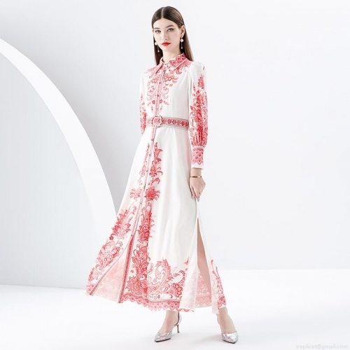 Vintage Palace Style Red Paisley Print Maxi Dress For Women Elegant White Lapel Lantern Sleeve Single Breasted Long Dress With Belt And Side Slit For Vacation