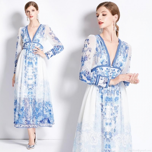 Women's Elegant Chiffon Maxi Dress Blue And White Porcelain Floral Print Long Sleeve V-Neck High Waist Retro Resort Vacation Spring Party Long Dress
