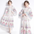 Women's Ethnic Style Stand Collar Maxi Dress Vintage Floral Print Long Sleeve Button Down Split A-line Flare Sleeve Bohemia Holiday Vacation Long Gown