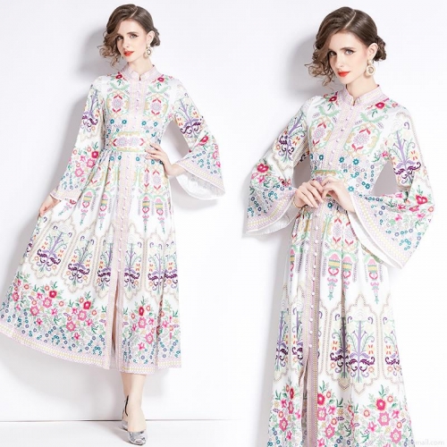 Women's Ethnic Style Stand Collar Maxi Dress Vintage Floral Print Long Sleeve Button Down Split A-line Flare Sleeve Bohemia Holiday Vacation Long Gown