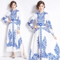 Women Mandarin Collar Blue And White Porcelain Print Maxi Dress Elegant Palace Style Long Sleeve Single Breasted Chinoiserie Floral Long Dress With Belt