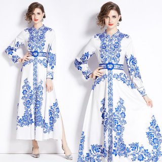 Women Mandarin Collar Blue And White Porcelain Print Maxi Dress Elegant Palace Style Long Sleeve Single Breasted Chinoiserie Floral Long Dress With Belt
