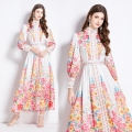 Women Elegant Floral Print Chiffon Maxi Dress Court Style Stand Collar Single Breasted Long Puff Sleeve Dress With Belt For Party Wedding Daily Fashion