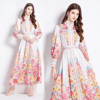 Women Elegant Floral Print Chiffon Maxi Dress Court Style Stand Collar Single Breasted Long Puff Sleeve Dress With Belt For Party Wedding Daily Fashion